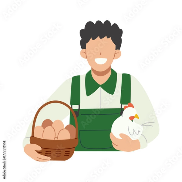 Fototapeta Happy poultry farmer with basket of eggs and chicken. Flat character illustration isolated on white background