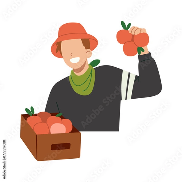Fototapeta Fruit farmer carrying a wooden crate of apples. Flat character illustration isolated on white background