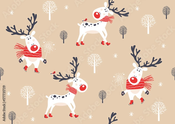 Fototapeta Christmas seamless pattern with deer. Vector illustration