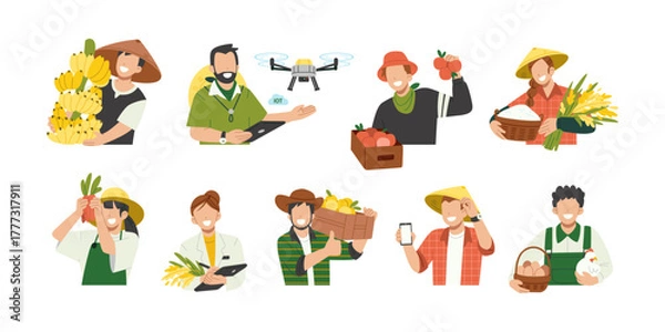 Obraz Set of modern local farmer, including poultry farmers, agricultural researchers, a tech-savvy farmer with smartphone and drone. Flat characters in diverse agricultural roles cartoon illustration 