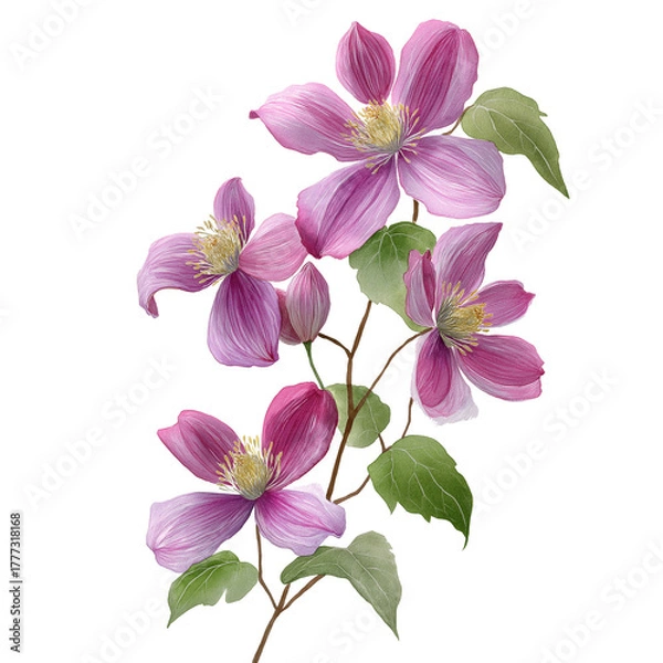 Fototapeta Watercolor clematis montana vine, isolated on a white background, clear edges, botanical clipart style.