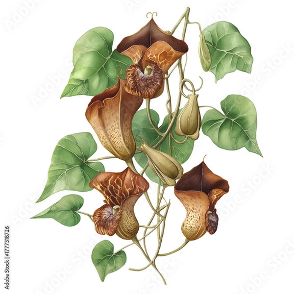 Fototapeta Watercolor giant Dutchman’s pipe vine, isolated on a white background, clear edges, botanical clipart style.