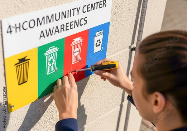 Obraz Installing community center recycling awareness sign for sustainable future