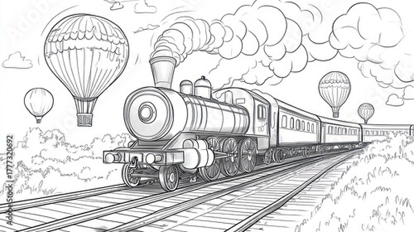 Fototapeta Train travels on tracks with hot air balloons in background, used for coloring book