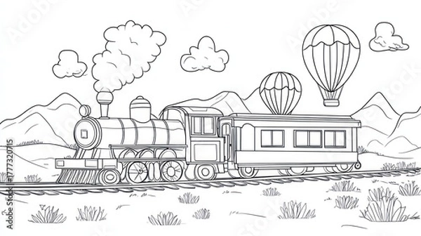 Fototapeta Train with cars on rails, with two balloons and mountains in background, for coloring