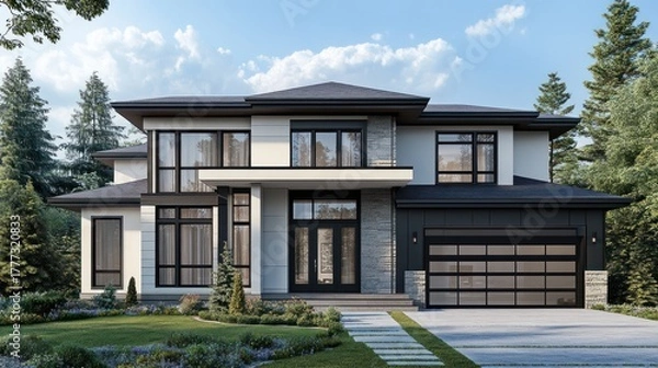 Fototapeta Modern two story house with double garage, green trees and grass in the background