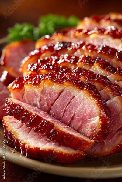 Fototapeta Thanksgiving Ham: A close-up of a carved juicy roasted thanksgiving ham, with the slices falling onto a serving platter. Glazed ham.	