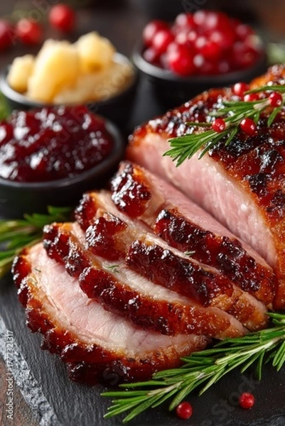 Fototapeta Juicy roasted Thanksgiving ham, perfectly glazed and carved, with tender slices tumbling onto a serving dish.