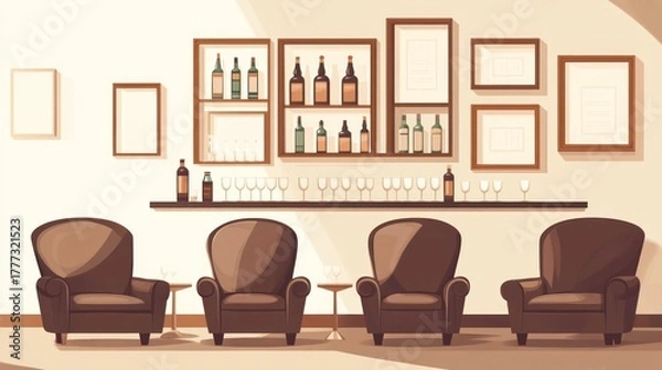 Fototapeta Empty wine bar interior, calm atmosphere, comfortable seating.  Possible use stock photo for restaurant design, interior design