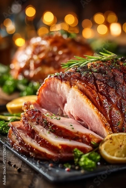 Fototapeta A close-up of a juicy, roasted Thanksgiving ham, freshly carved with slices cascading onto a serving platter and glistening with glaze.