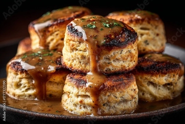 Obraz Thanksgiving biscuits and gravy with thick light brown gravy drizzle. 