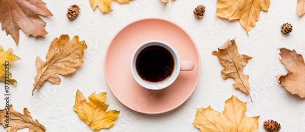 Obraz Flat lay composition with colorful Autumn cup of coffee and leaves on a color background. top view