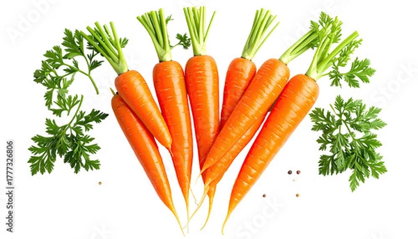 Fototapeta Group of carrots, green leafy tops and isolated on black ground