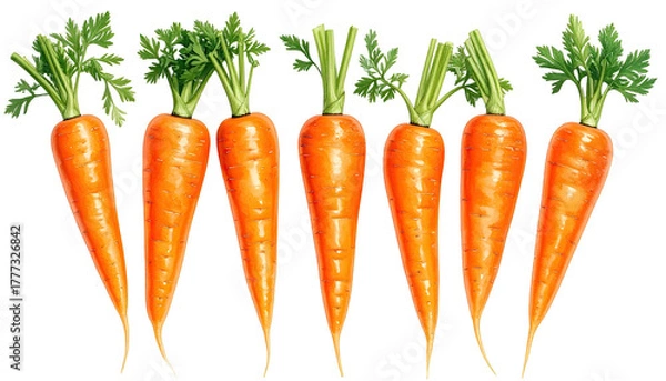 Obraz Six vibrant orange carrots aligned, topped with leafy greens
