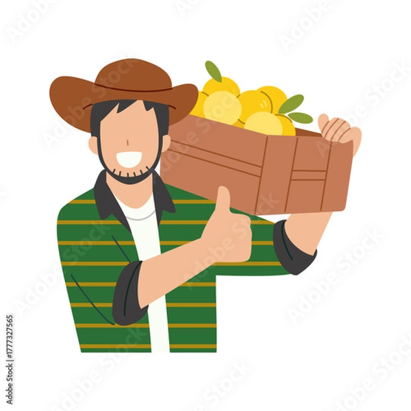 Fototapeta Fruit farmer carrying a box of oranges on his shoulder and giving thumbs up gesture. Flat character illustration isolated on white background