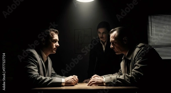 Fototapeta Two men and a woman investigator at an interrogation table. Police interrogation scene in a dark room. Crime and criminal investigation concept.