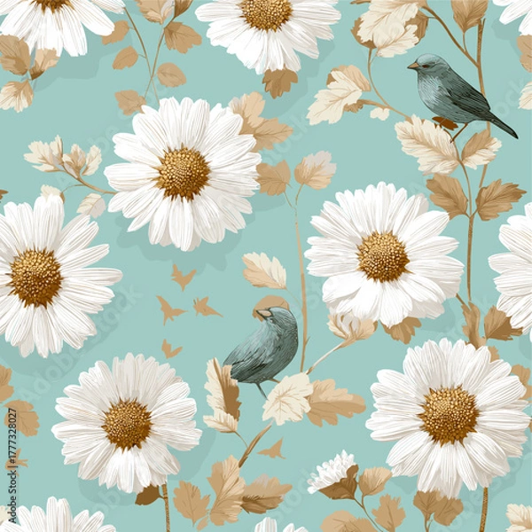 Fototapeta Mint Oriental Bird and Daisy Blossom Pattern on Light Blue Background