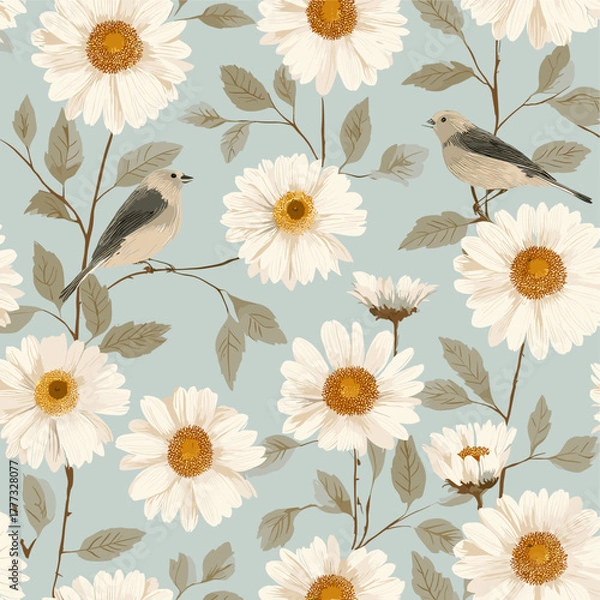 Fototapeta Mint Oriental Bird and Daisy Blossom Pattern on Light Blue Background