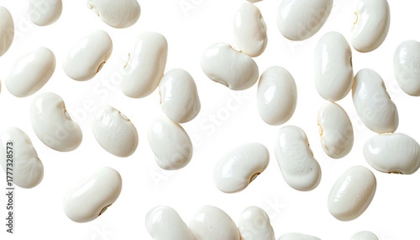 Fototapeta White beans scatter across black background, flat lay style
