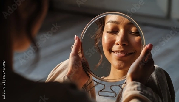 Fototapeta Young woman looking into a handheld mirror smiling with eyes closed in warm sunlight
