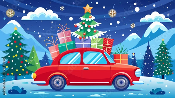 Obraz Very beautiful red vintage Christmas car carrying a decorated Christmas tree on its roof, festive holiday illustration with snowflakes and cheerful winter atmosphere.