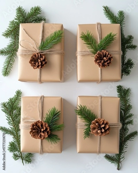 Fototapeta Minimalist Christmas flat lay of handmade gifts, pine sprigs, and kraft paper on white background 