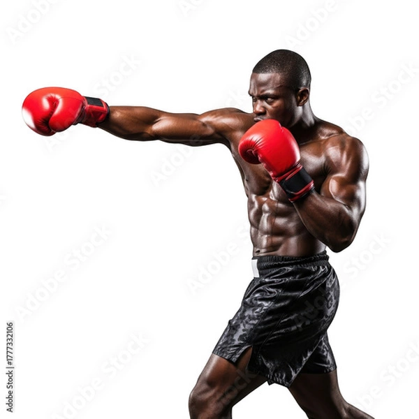 Fototapeta Powerful black male boxer delivering a fierce punch with red gloves isolated on transparent background
