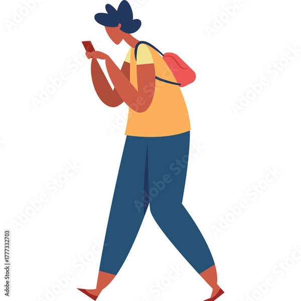 Obraz Person with Backpack Walking While Looking at Smartphone Casual Outfit Orange Shirt Blue Pants Red Backpack on Transparent Background Minimalist Style Illustration