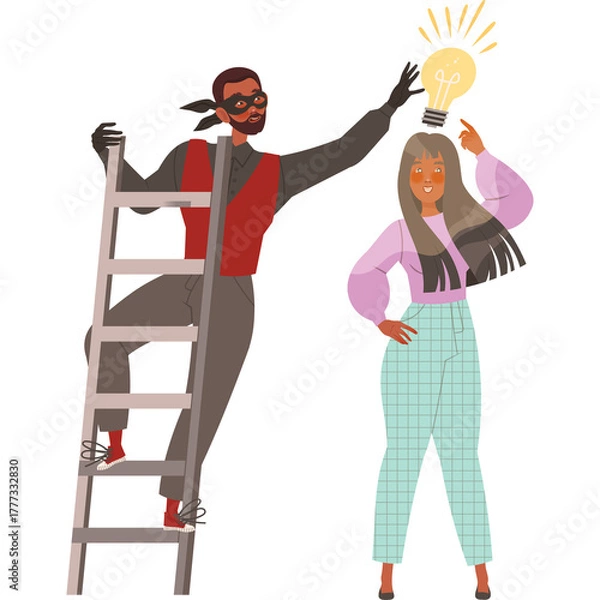 Obraz Person Climbing Ladder to Steal Light Bulb Idea From Another Person's Head