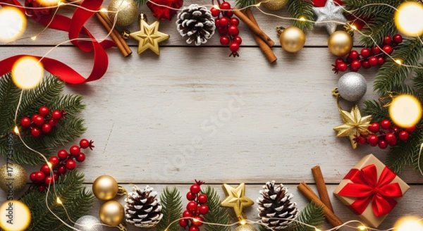 Obraz Create stunning holiday promotions with this rustic wooden background framed by festive Christmas decorations and soft string lights for a cozy winter vibe.