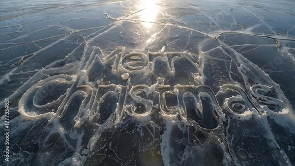 Obraz Merry Christmas Written in Ice, Winter Holiday Message on Frozen Lake, Festive Season Greetings Carved on Ice Surface, Seasonal Holiday Decoration