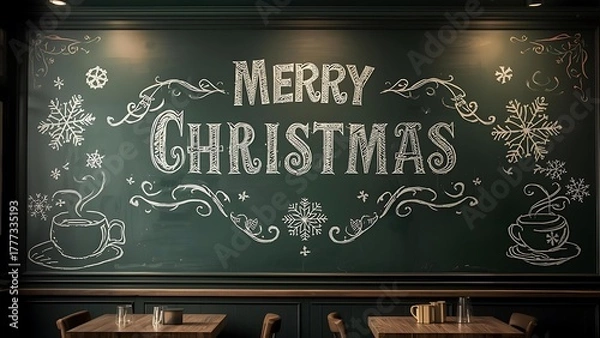 Obraz Cozy Christmas Cafe Ambiance with Chalkboard Art, Festive Coffee Shop Scene with Christmas Greetings and Hot Beverages