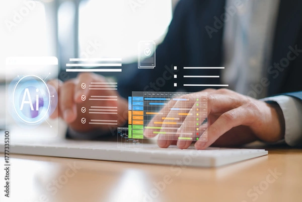 Fototapeta Close up of hands typing on laptop keyboard with artificial intelligence icons overlay, representing AI technology, innovation, data processing digital transformation in modern workspace.