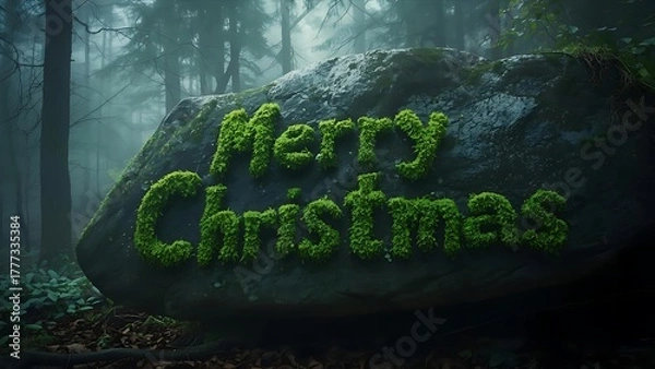 Obraz Mossy 'Merry Christmas' Carved on a Forest Stone, Festive Greetings in Nature's Embrace