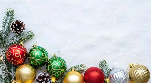Obraz Festive Christmas ornaments and pinecones scattered on snowy backdrop create a whimsical winter wonderland scene, perfect for holiday cheer and seasonal greetings.