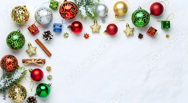 Fototapeta Festive Christmas ornaments and pinecones scattered on snowy backdrop create a whimsical winter wonderland scene, perfect for holiday cheer and seasonal greetings.