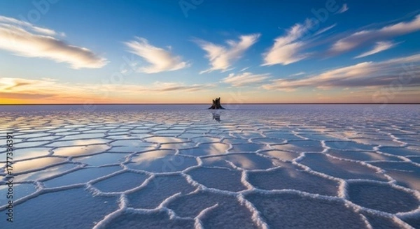 Fototapeta Expansive salt flat reflects sky, featuring a distant tree under dramatic clouds at sunset