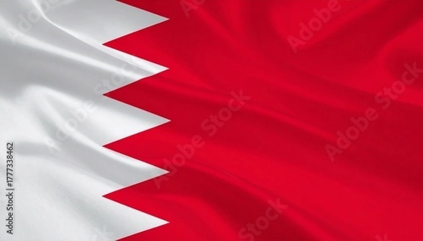 Fototapeta National flag of Bahrain with a white band and red field separated by five white triangles forming a serrated line, symbolizing Islamic values and national pride.