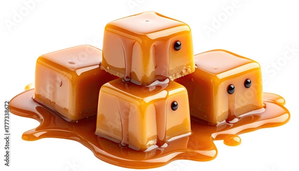 Fototapeta Stacked, melting caramel squares with tiny dots, isolated