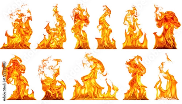 Fototapeta Eleven flame sprites isolated on black background, looping animation