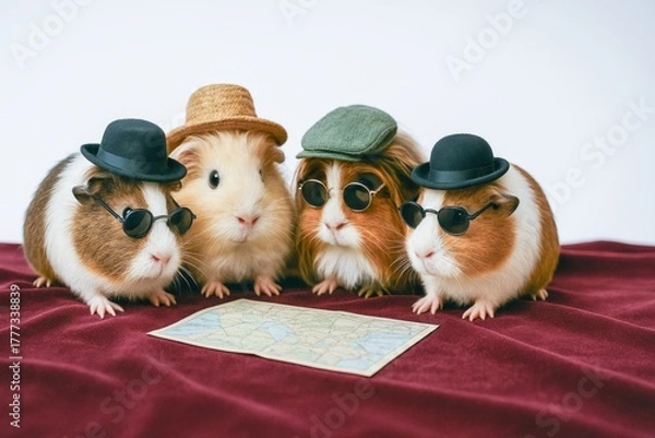 Fototapeta Guinea pigs wearing hats and sunglasses looking at map on red fabric