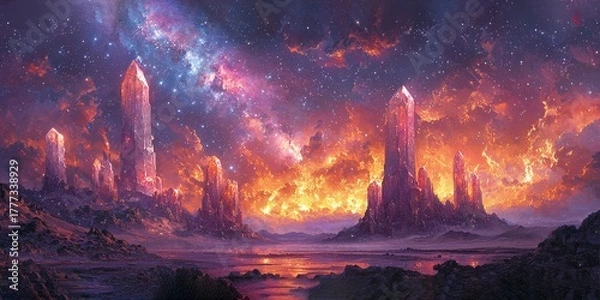 Fototapeta Breathtaking Ringed Planet Landscape with Tower | Epic Sci Fi Scene Featuring Distant Planet and Spire | Futuristic Alien World with Massive Ringed Planet | Surreal Cosmic Landscape with Tower