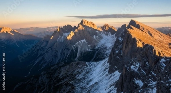 Obraz Majestic high-altitude mountain range bathed in golden light during sunset, rugged peaks