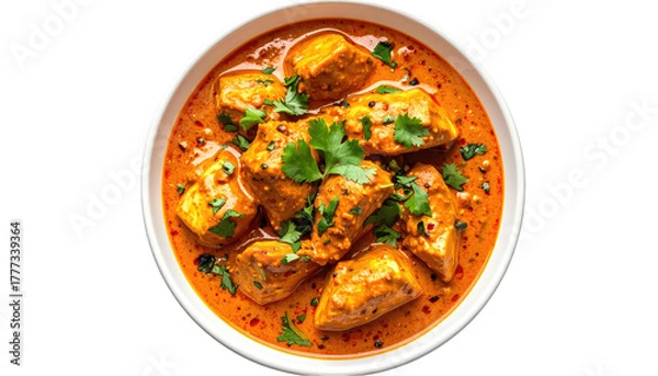 Fototapeta Rich tomato-based chicken curry topped with parsley in a white bowl