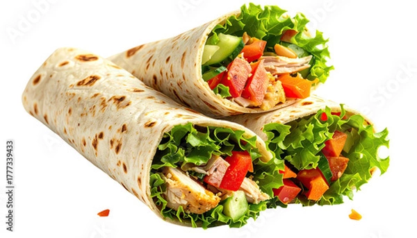 Fototapeta Three wraps filled with meat, lettuce, tomato, and cucumber