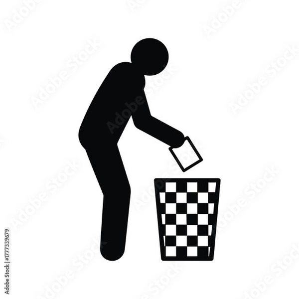 Fototapeta Silhouette icon of a man throwing trash into a bin, symbol of cleanliness and waste management, vector with transparent background