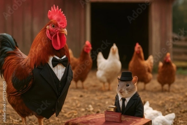 Fototapeta Rooster and mouse dressed in suits on farm with chickens in background
