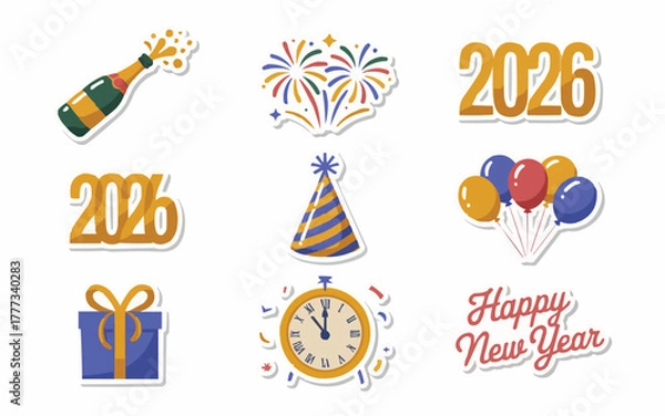 Fototapeta Celebrate exciting New Year's Eve 2026 with festive champagne pop, fireworks, balloons, party hat, gift, and clock, creating joyful holiday memories.