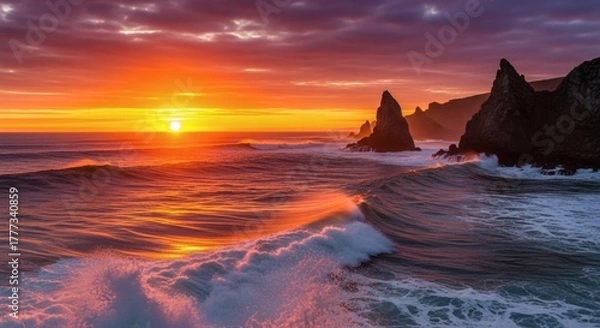 Obraz Fiery sunset over a vast ocean, waves crashing near jagged coastal rock formations