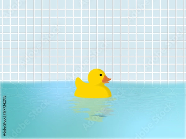 Obraz 水色タイルの浴室背景とアヒルのおもちゃ | お風呂・バスタイムのイラスト